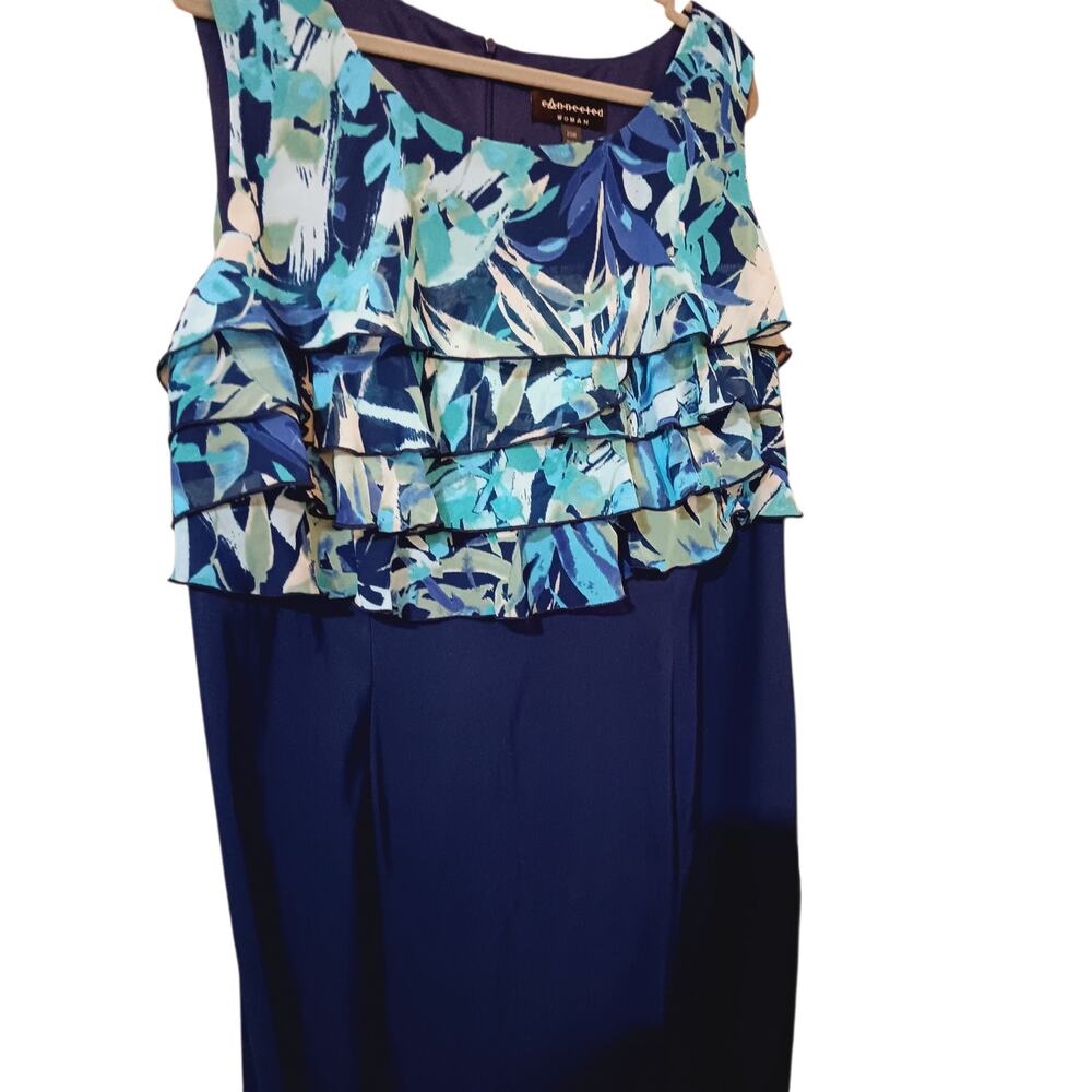 CONNECTED WOMAN Dress Plus 20W 2X Ruffle‎ Floral Watercolor Dressy Career Blue - Picture 6 of 8